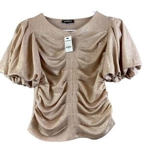 Express Metallic Top Puff Sleeve Ruched Party Blouse Champagne Size L